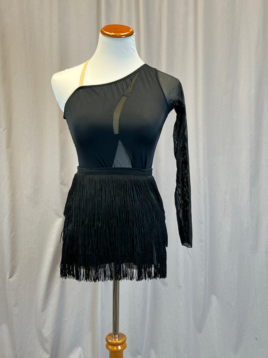 Custom Black One Sleeve Leotard with Geometric Mesh Cutouts, and Fringe Skirt Two Piece Set