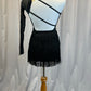 Custom Black One Sleeve Leotard with Geometric Mesh Cutouts, and Fringe Skirt Two Piece Set