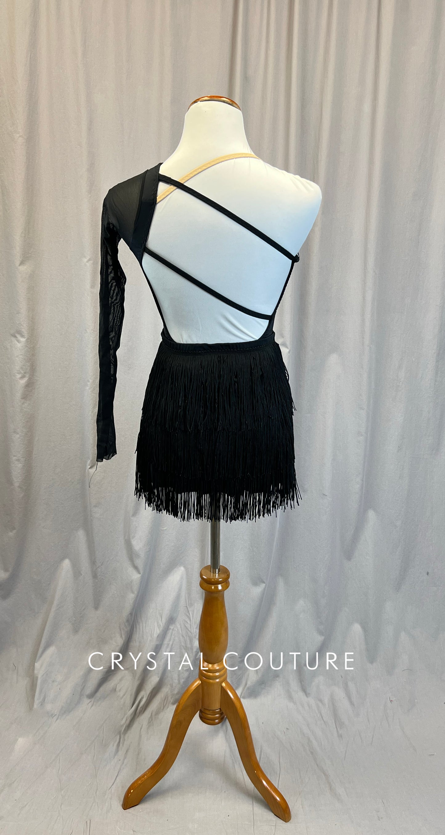 Custom Black One Sleeve Leotard with Geometric Mesh Cutouts, and Fringe Skirt Two Piece Set