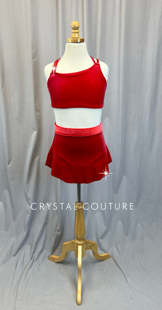Custom Red Velour Crop Top, Briefs and Circle Skirt Three Piece Set - Rhinestones - Accessories