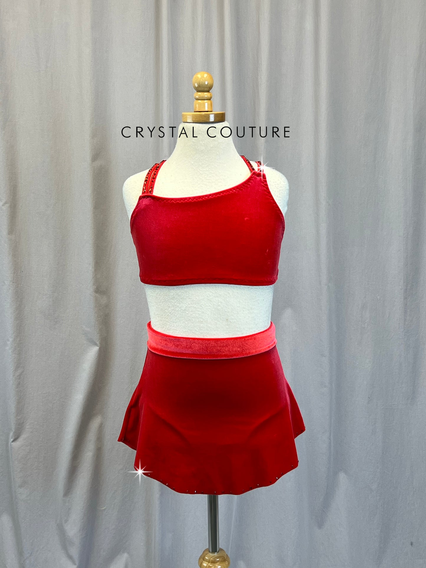 Custom Red Velour Crop Top, Briefs and Circle Skirt Three Piece Set - Rhinestones - Accessories