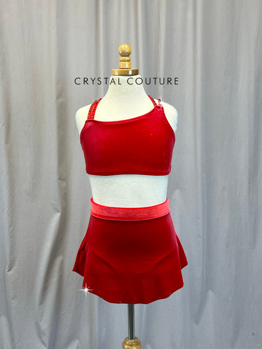 Custom Red Velour Crop Top, Briefs and Circle Skirt Three Piece Set - Rhinestones - Accessories