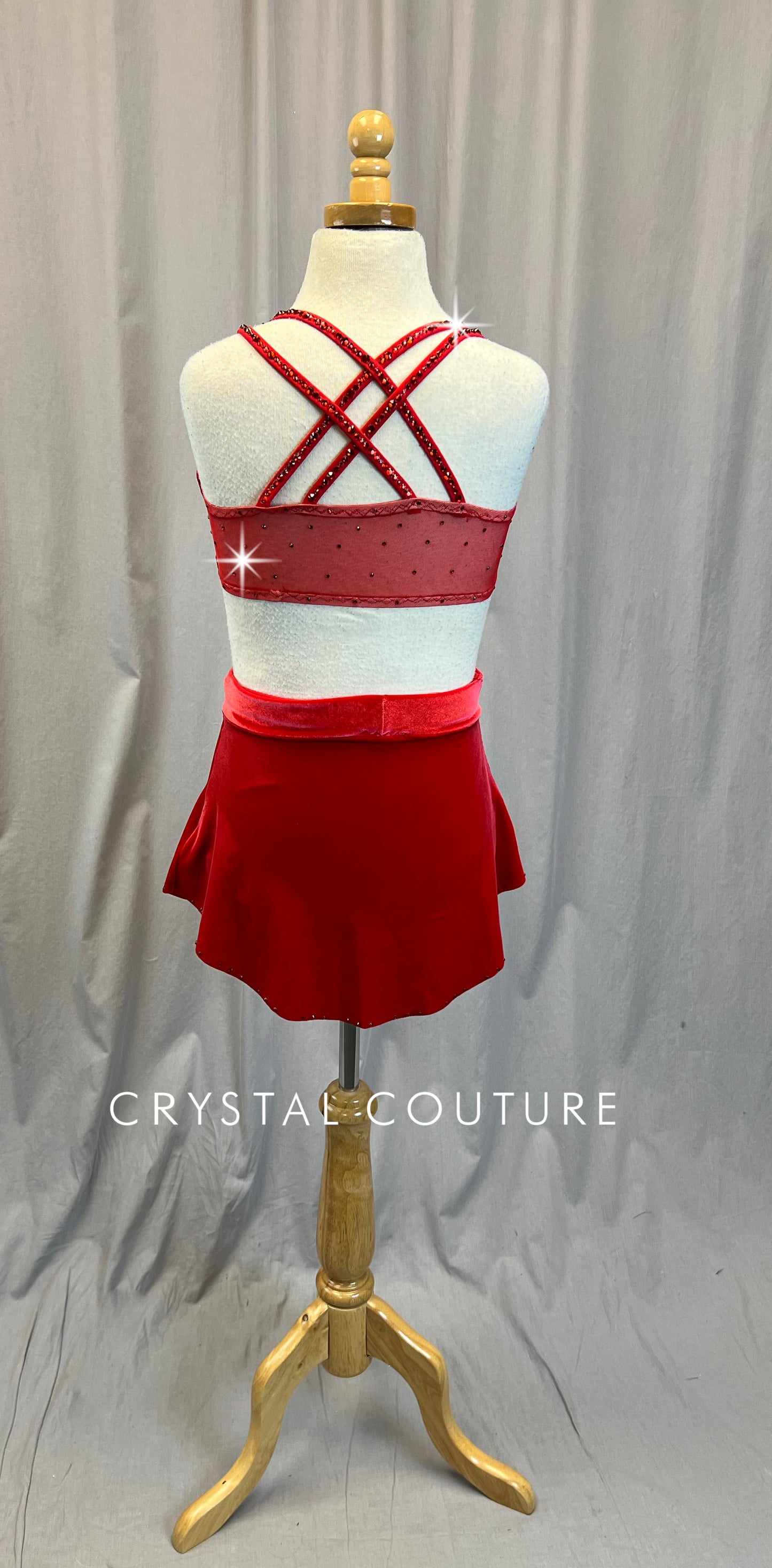 Custom Red Velour Crop Top, Briefs and Circle Skirt Three Piece Set - Rhinestones - Accessories