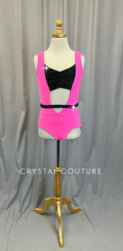 Custom Neon Pink and Black Leotard - Rhinestones