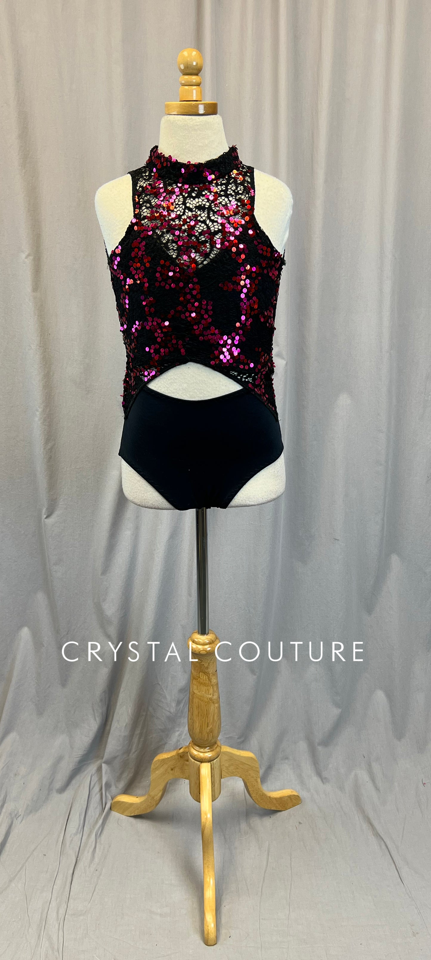 Custom Black with Pink Sequin Lace Leotard - Rhinestones -Accessories