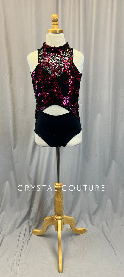 Custom Black with Pink Sequin Lace Leotard - Rhinestones -Accessories