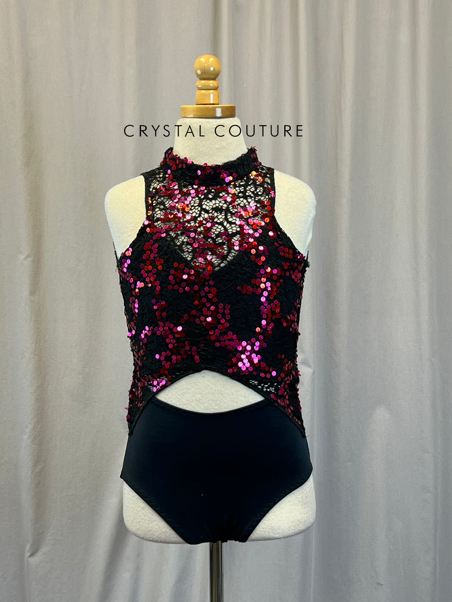Custom Black with Pink Sequin Lace Leotard - Rhinestones -Accessories