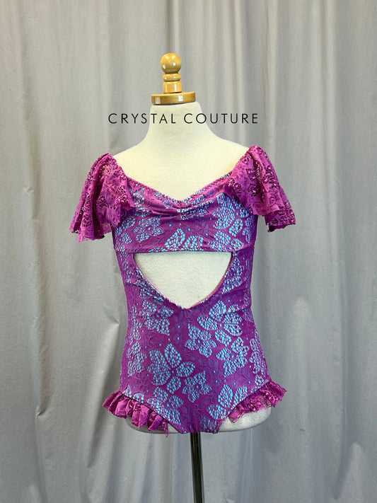 Custom Purple and Cyan Flounce Cap Sleeve Leotard.