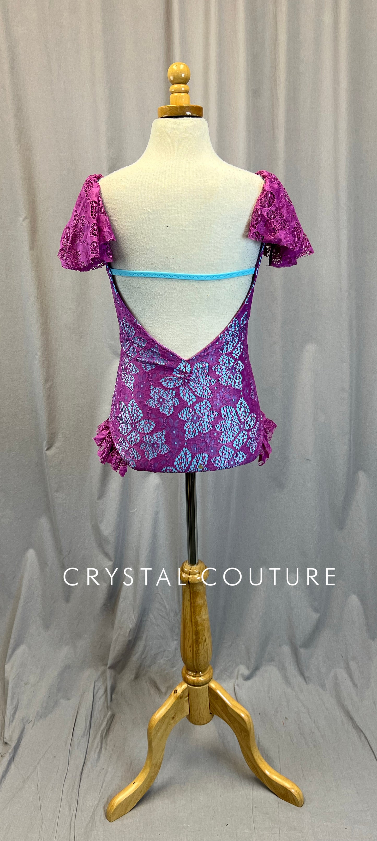 Custom Purple and Cyan Flounce Cap Sleeve Leotard.