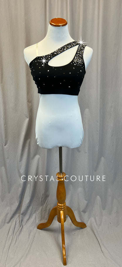 Black One Shoulder Bra Top - Rhinestones