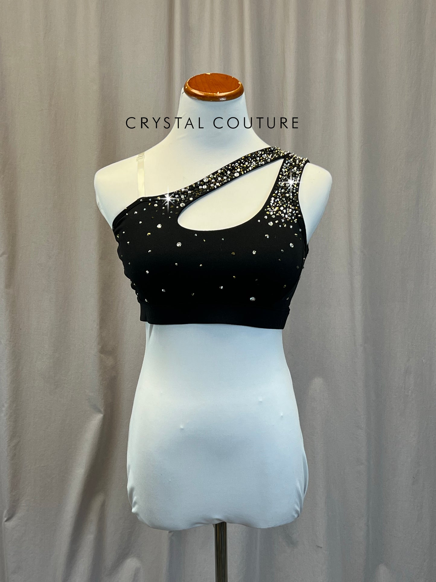 Black One Shoulder Bra Top - Rhinestones