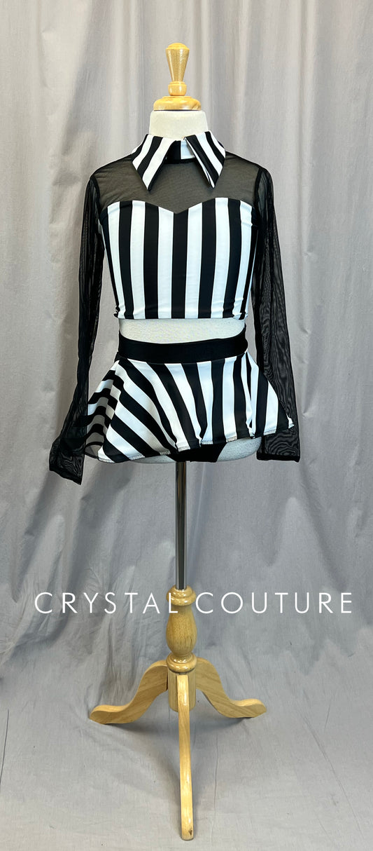 Black and White Striped Collared Top and Skirt Set