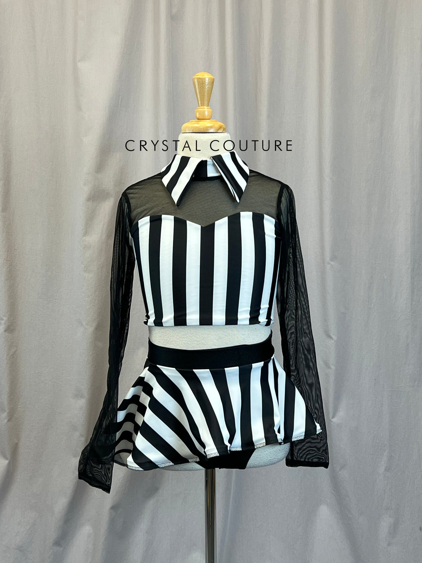 Black and White Striped Collared Top and Skirt Set
