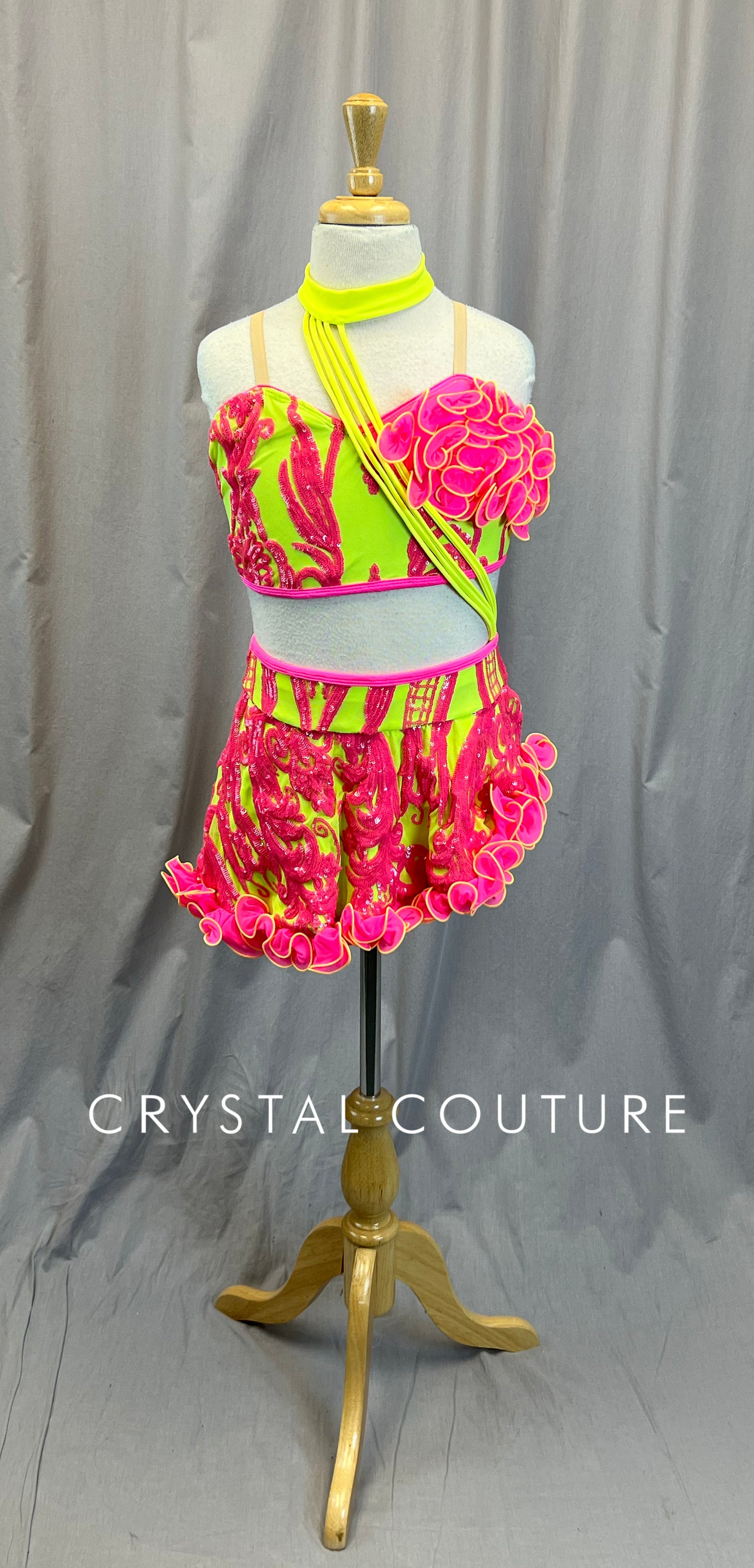 Neon Pink and Yellow Sequined and Mesh Ruffle Top and Skirt Set -hair piece