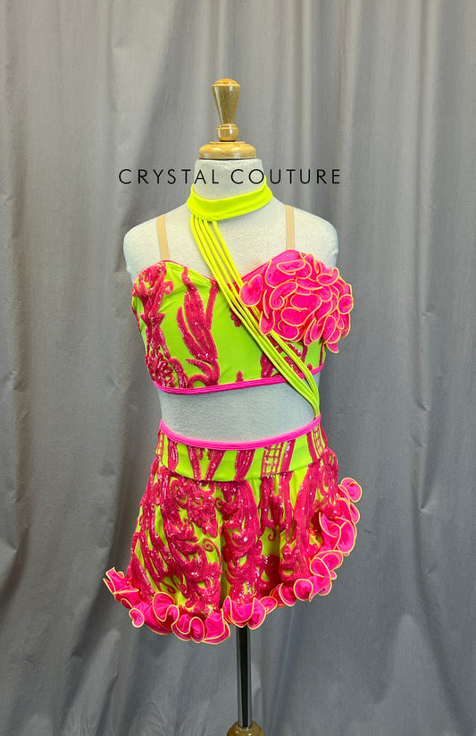 Neon Pink and Yellow Sequined and Mesh Ruffle Top and Skirt Set -hair piece