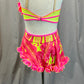 Neon Pink and Yellow Sequined and Mesh Ruffle Top and Skirt Set -hair piece