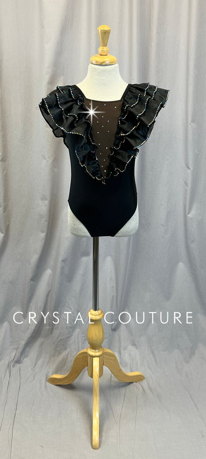Black Ruffle Deep V Plunge Leotard -Rhinestones