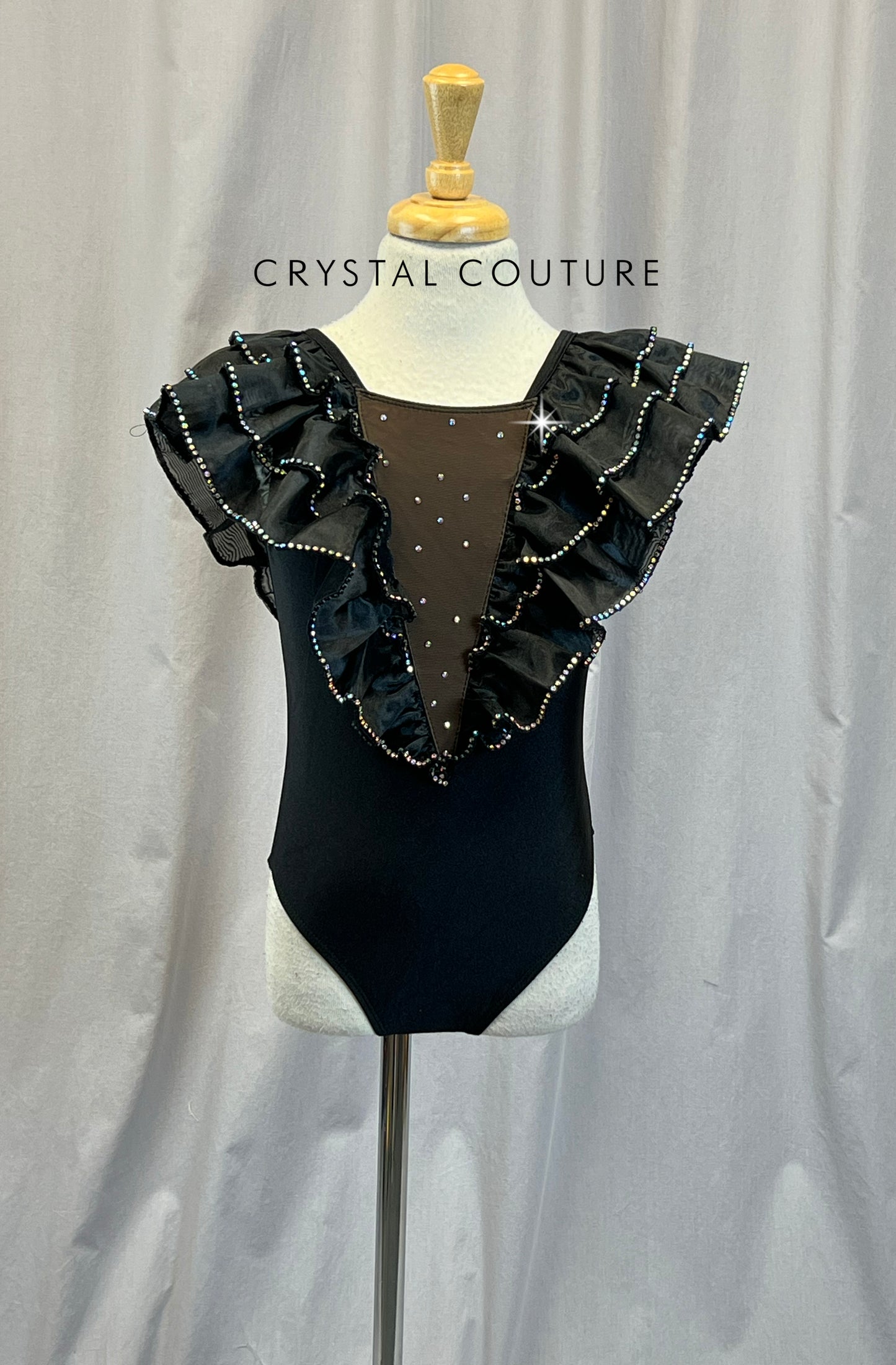 Black Ruffle Deep V Plunge Leotard -Rhinestones