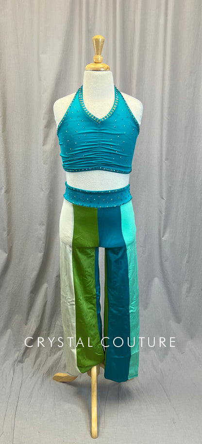 Teal, Green, Ivory Color Block Halter Crop Top and Pants Set -Rhinestones