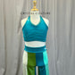 Teal, Green, Ivory Color Block Halter Crop Top and Pants Set -Rhinestones