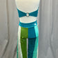 Teal, Green, Ivory Color Block Halter Crop Top and Pants Set -Rhinestones