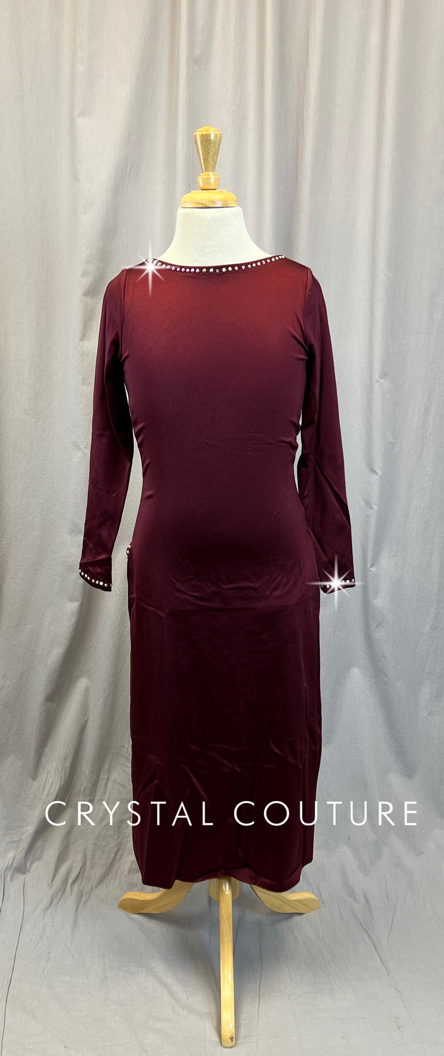Burgundy Long Sleeve Boat Neck Dress with High Slits -Rhinestones