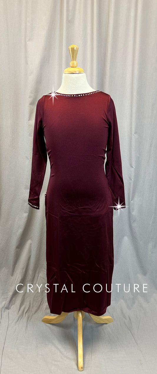 Burgundy Long Sleeve Boat Neck Dress with High Slits -Rhinestones