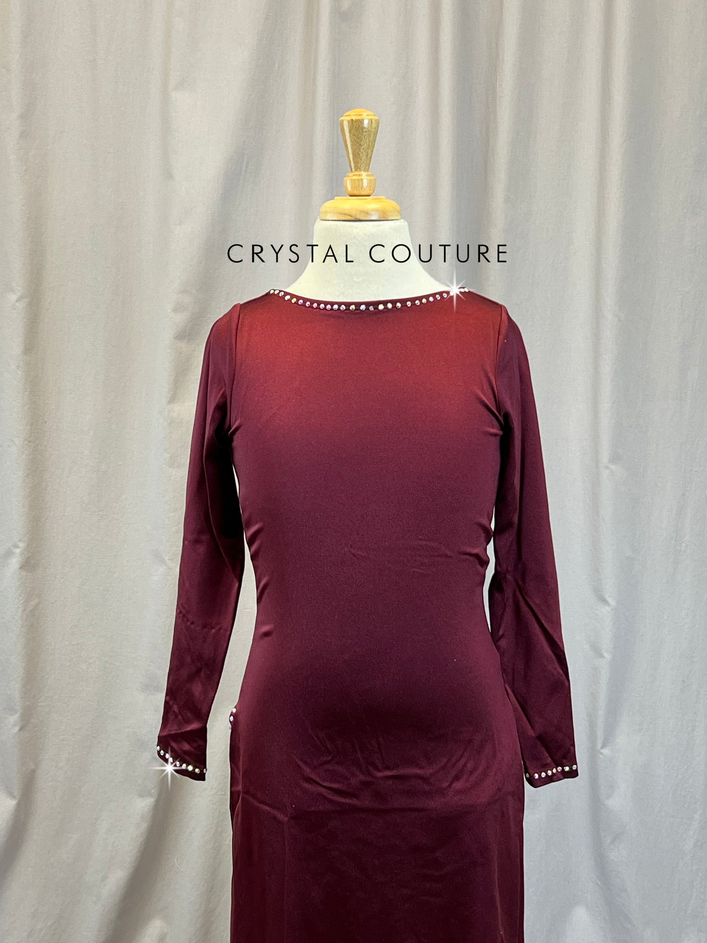 Burgundy Long Sleeve Boat Neck Dress with High Slits -Rhinestones