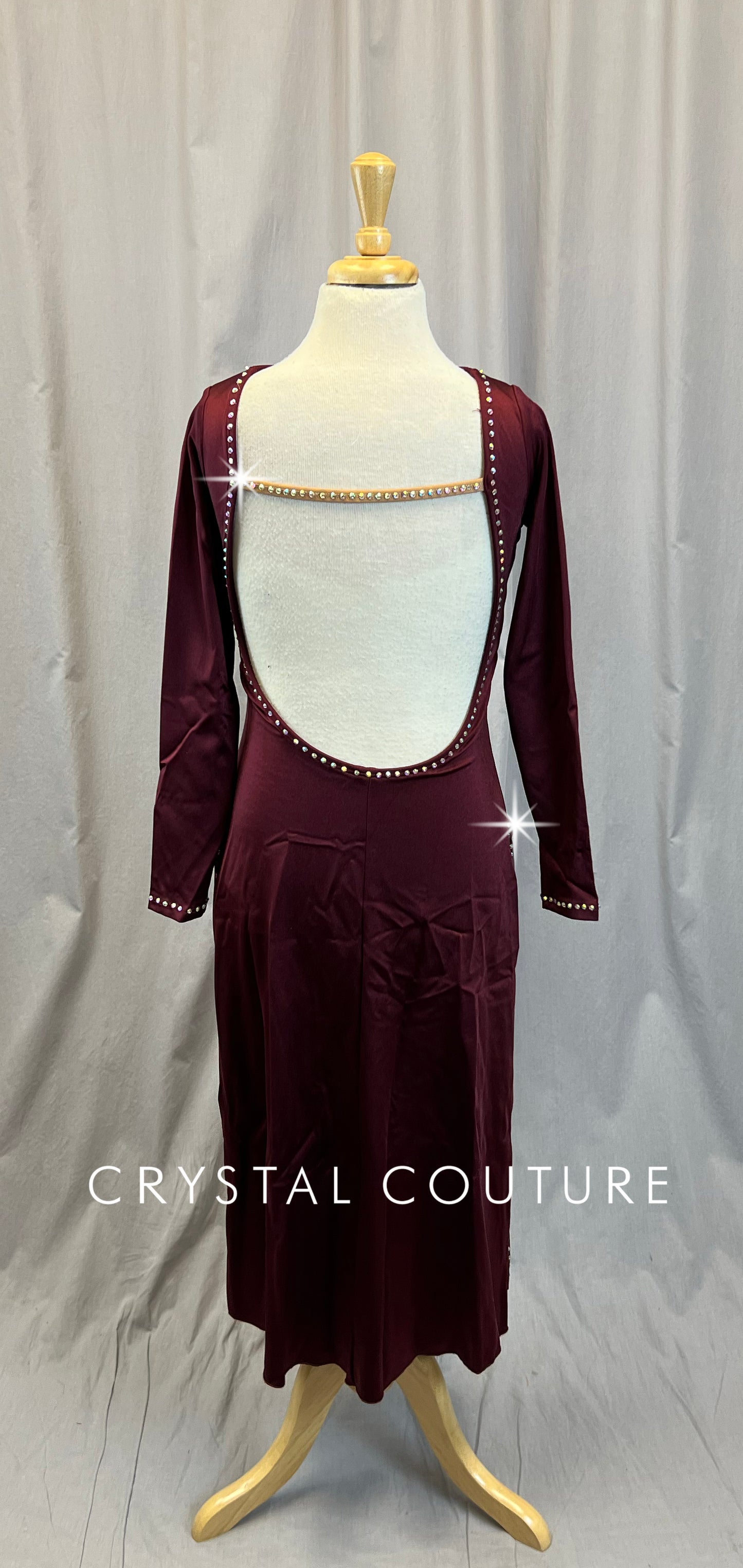 Burgundy Long Sleeve Boat Neck Dress with High Slits -Rhinestones
