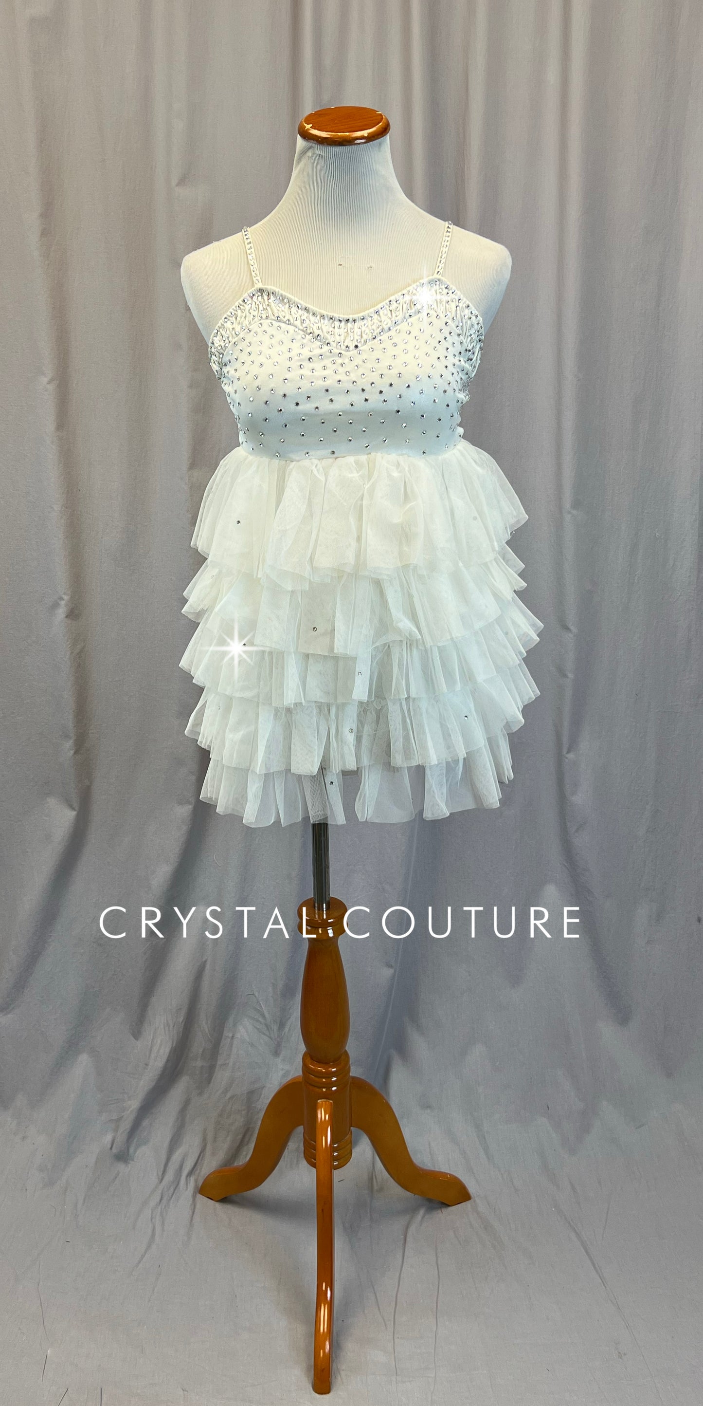 Off White Romper with Tulle Ruffle Skirt-Rhinestones