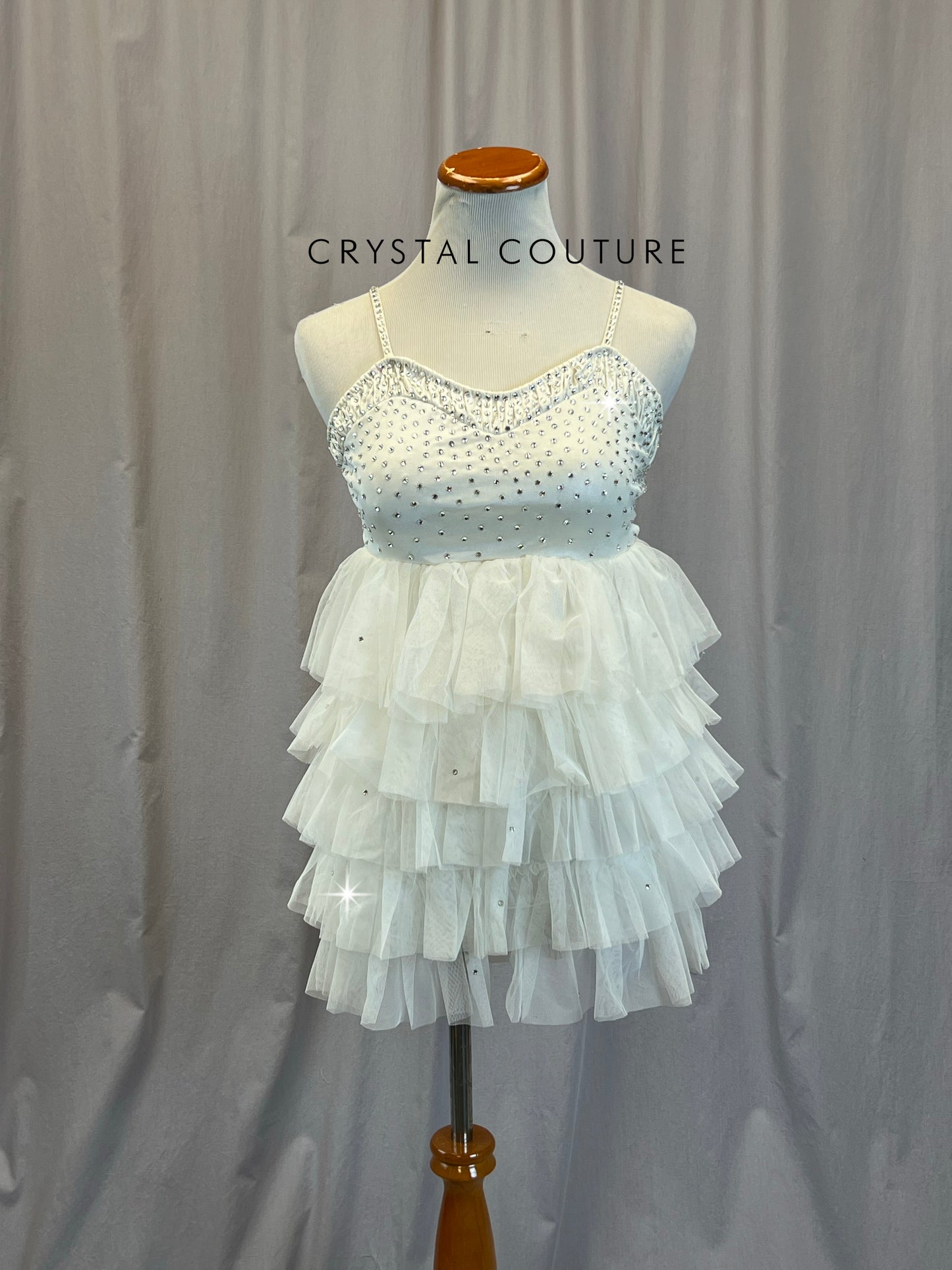 Off White Romper with Tulle Ruffle Skirt-Rhinestones