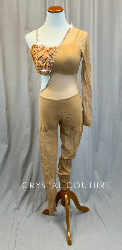 Custom Tan/Nude Asymmetrical One Sleeve Mesh Unitard-Custom - Rhinestones