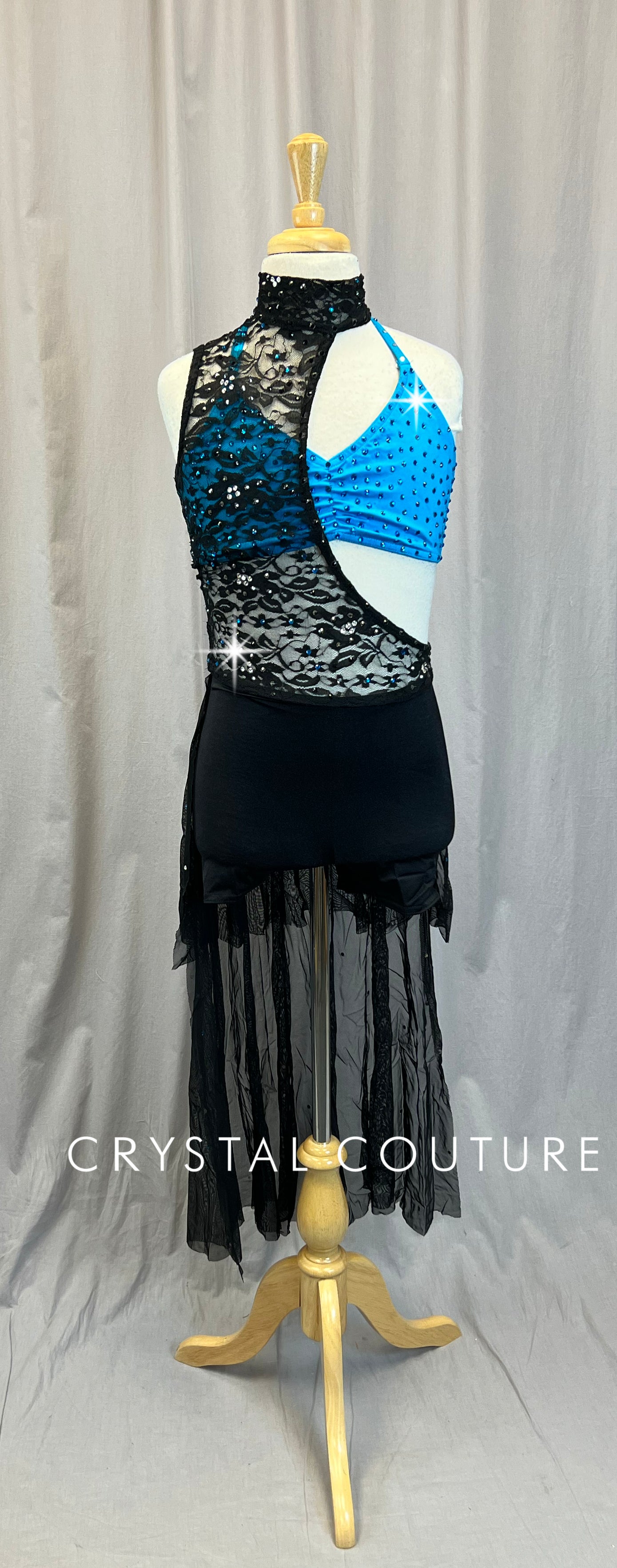 Blue/Teal Halter Top and Black Lace with Mesh Skirt Biketard - Rhinestones