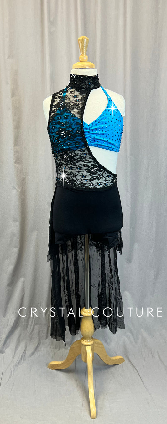 Blue/Teal Halter Top and Black Lace with Mesh Skirt Biketard - Rhinestones