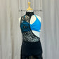 Blue/Teal Halter Top and Black Lace with Mesh Skirt Biketard - Rhinestones