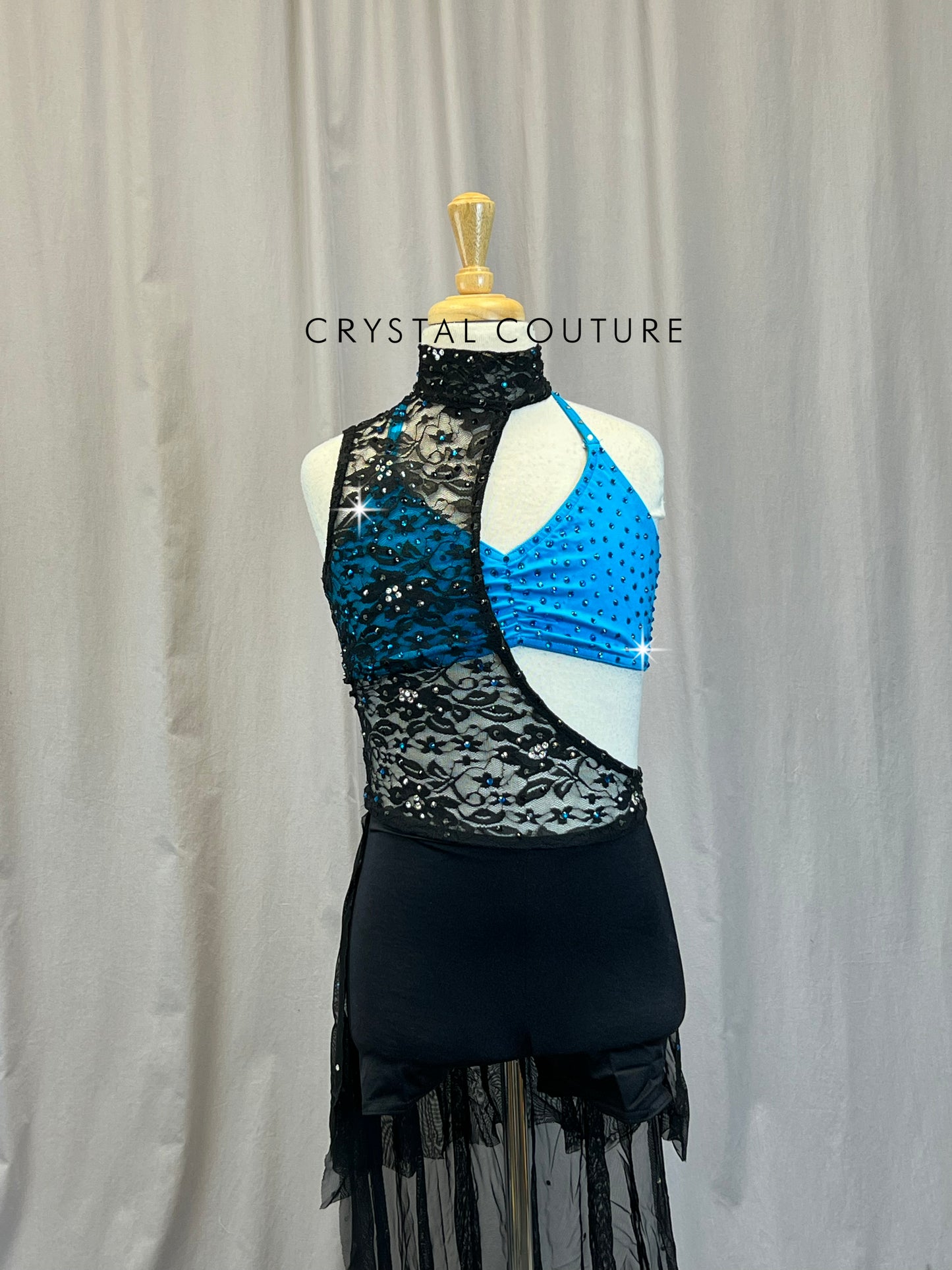 Blue/Teal Halter Top and Black Lace with Mesh Skirt Biketard - Rhinestones