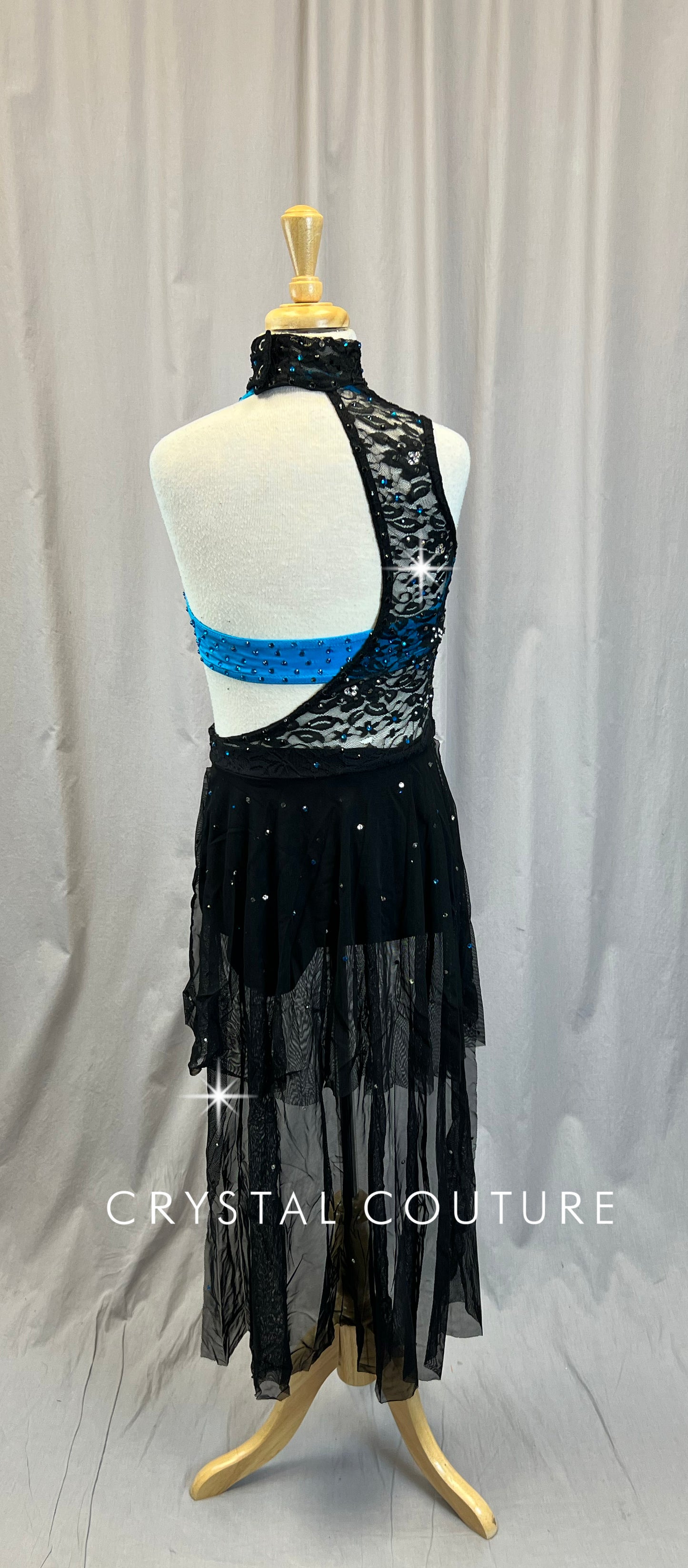 Blue/Teal Halter Top and Black Lace with Mesh Skirt Biketard - Rhinestones
