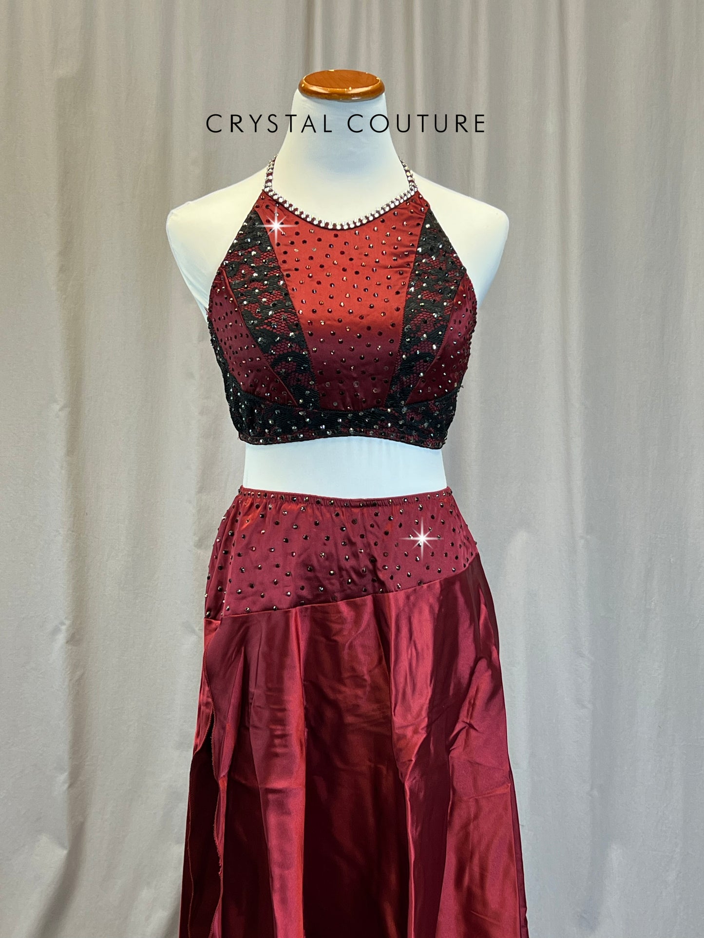 Burgundy and Black Lace Halter Top and Long Skirt - Rhinestones