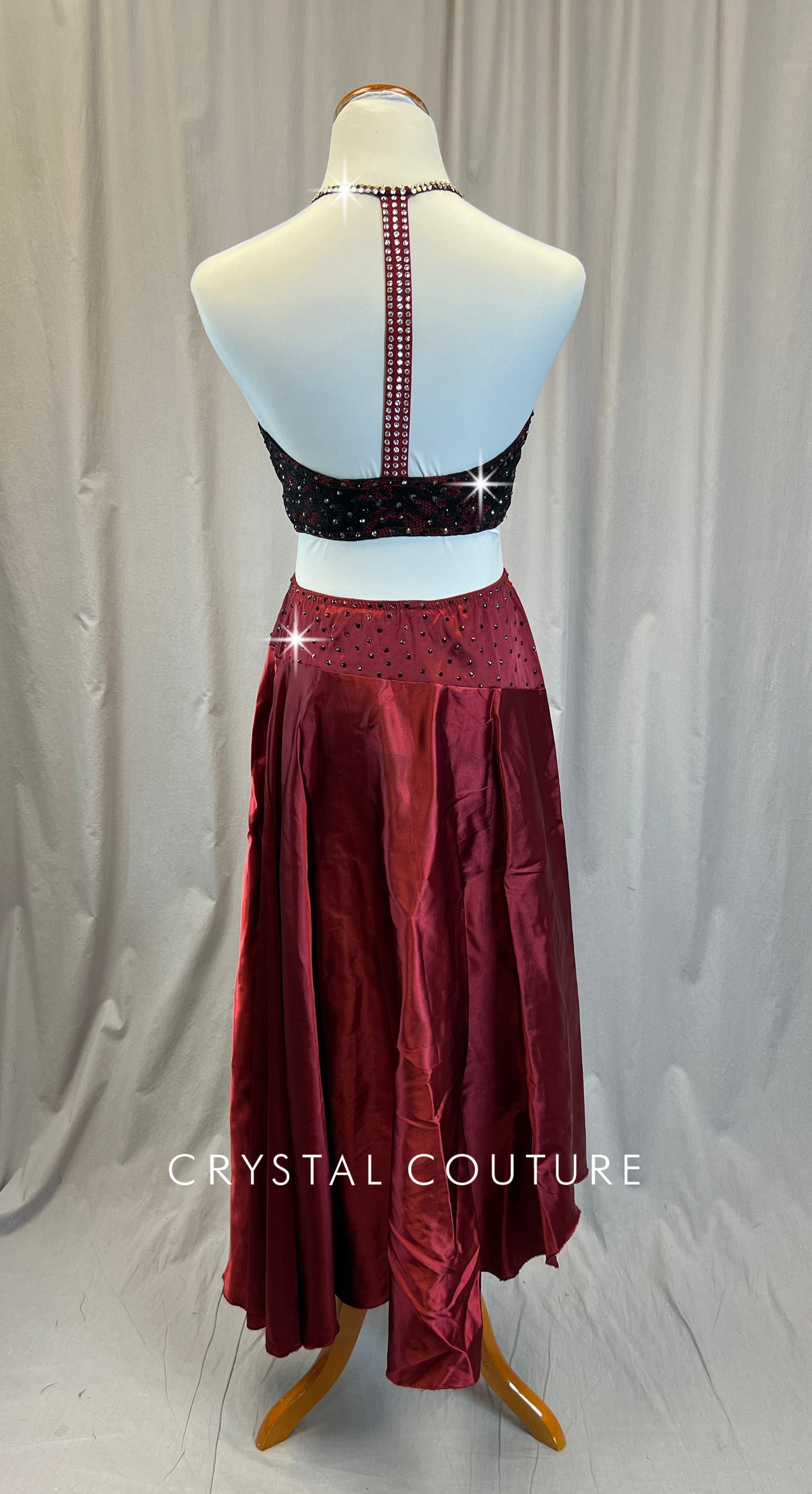 Burgundy and Black Lace Halter Top and Long Skirt - Rhinestones