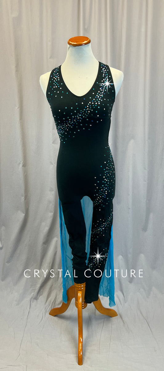Black Cotton Sleeveless Unitard with aqua mesh skirt attached- Rhinestones