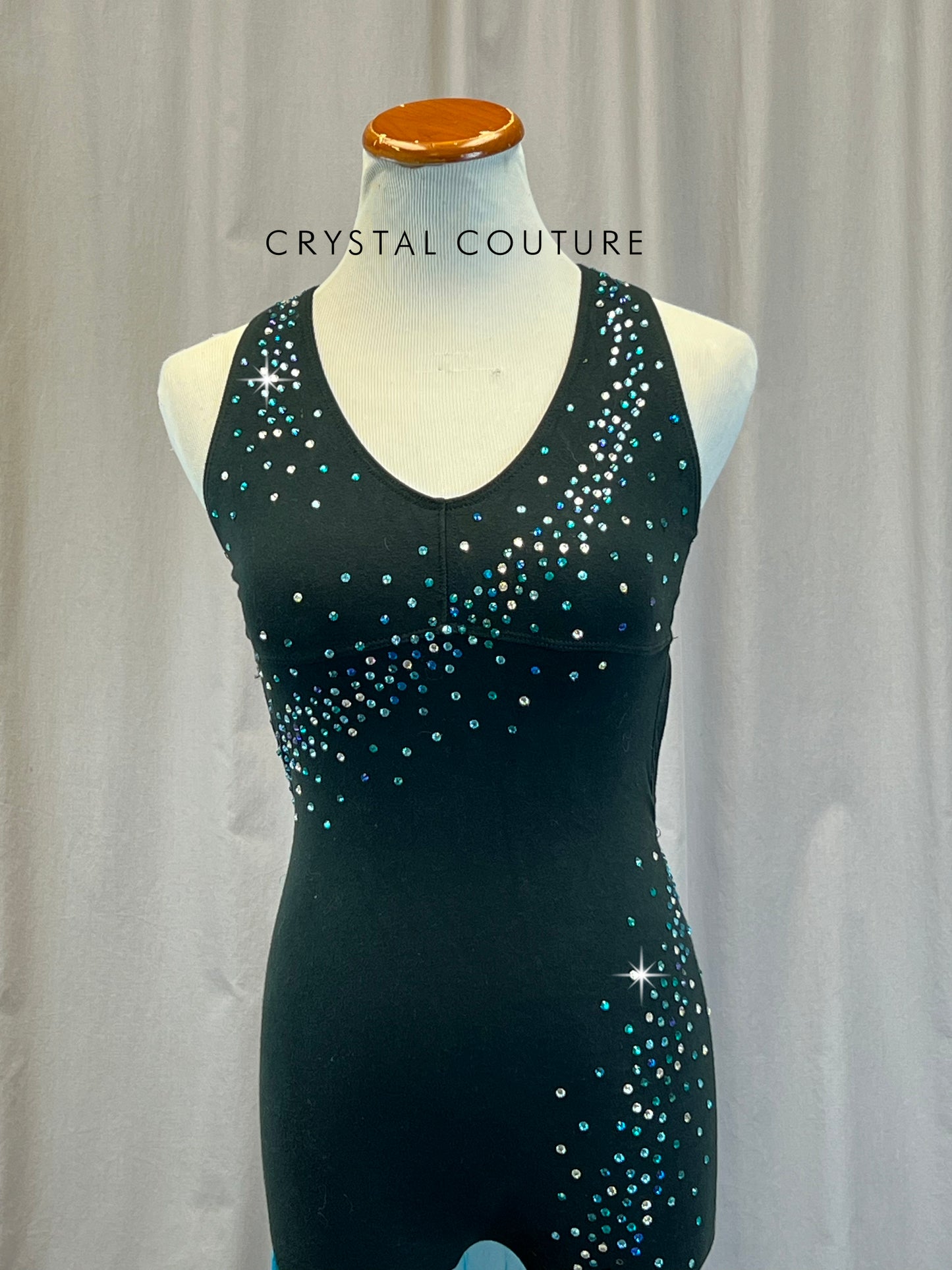 Black Cotton Sleeveless Unitard with aqua mesh skirt attached- Rhinestones