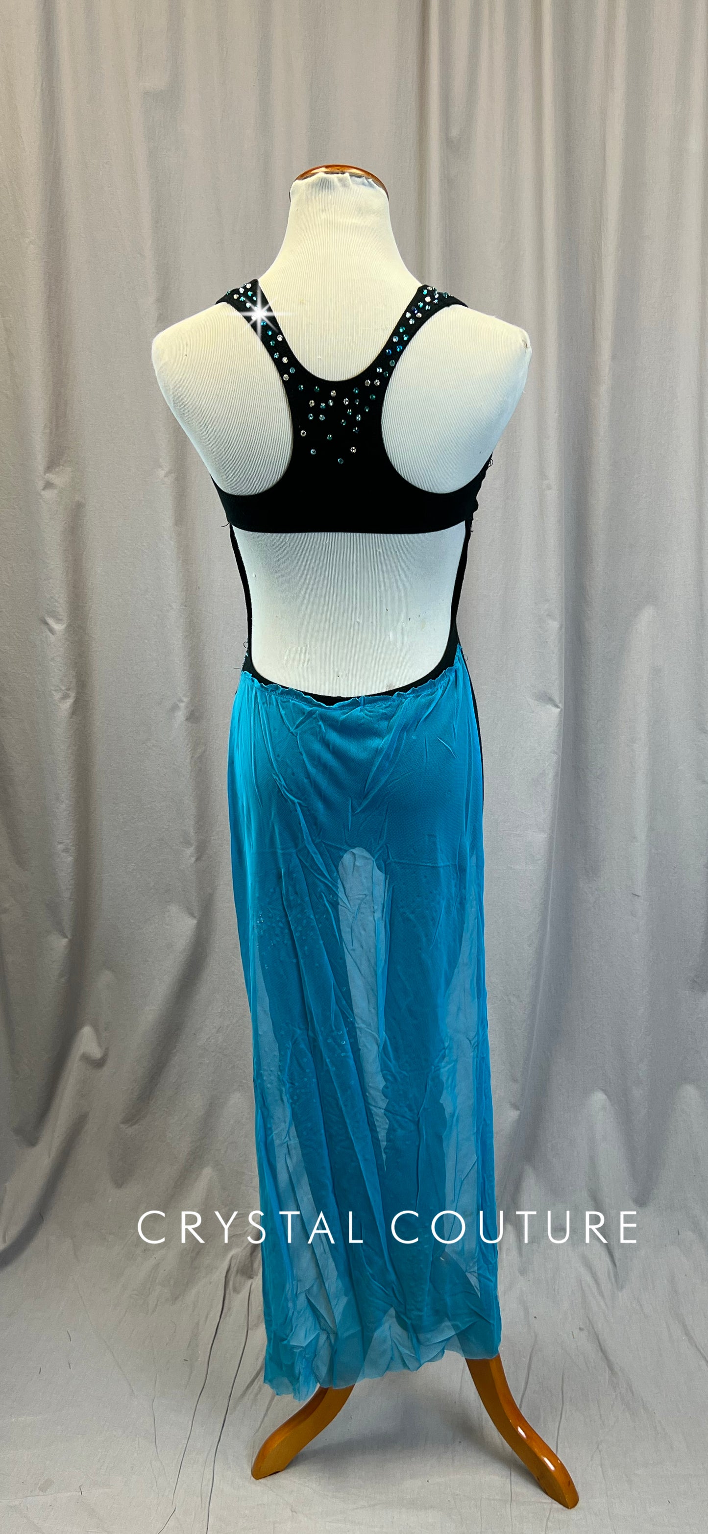 Black Cotton Sleeveless Unitard with aqua mesh skirt attached- Rhinestones
