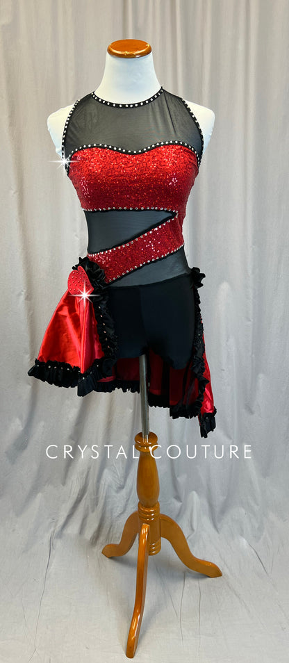 Red Sequin and Black Mesh Biketard with Asymmetrical Skirt