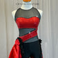 Red Sequin and Black Mesh Biketard with Asymmetrical Skirt - Rhinestones -Accessories