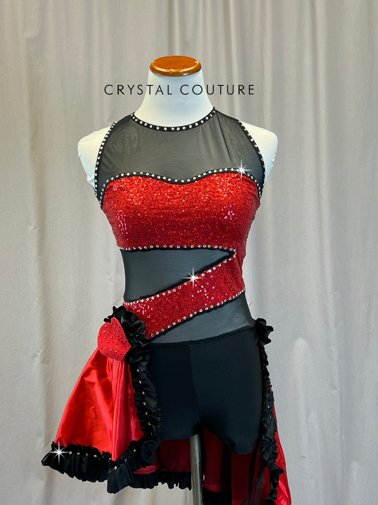 Red Sequin and Black Mesh Biketard with Asymmetrical Skirt