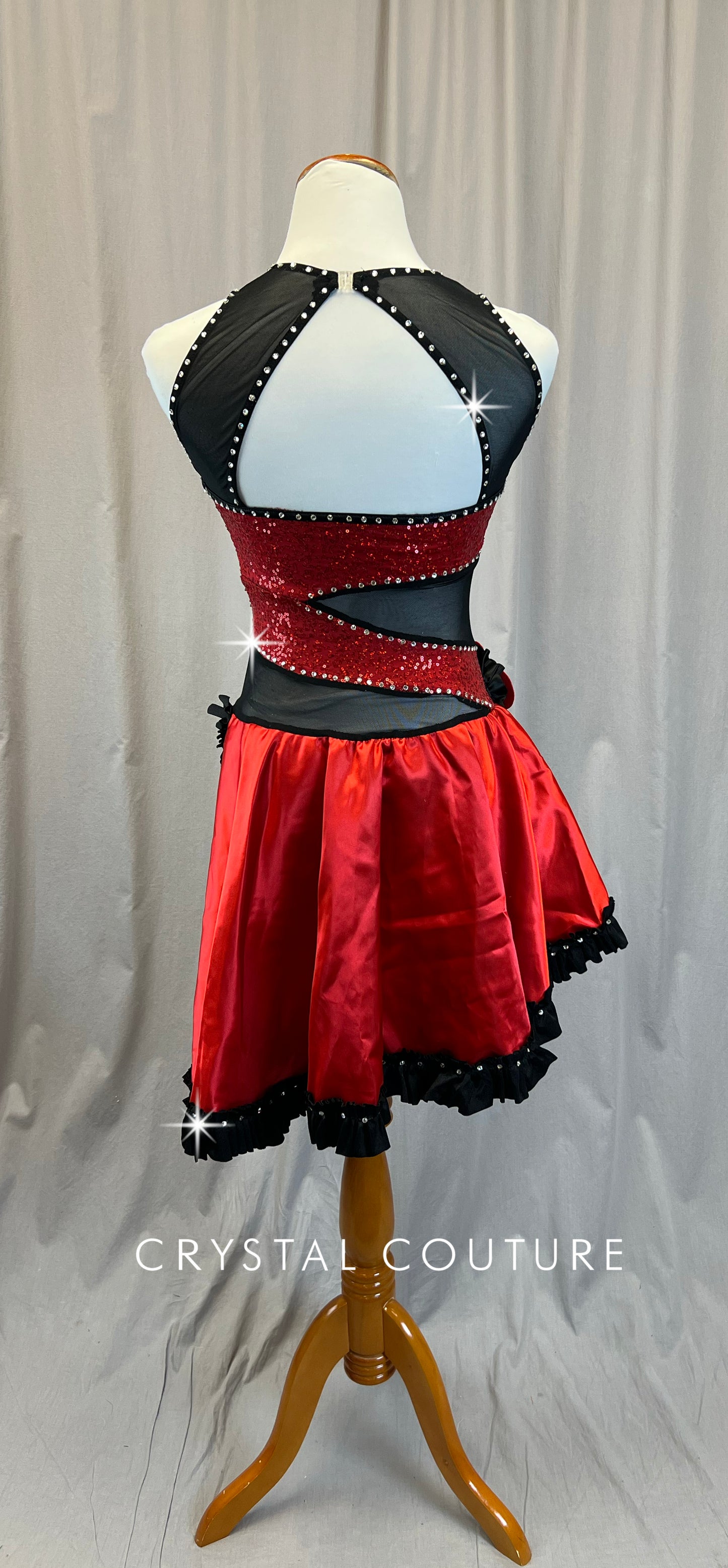 Red Sequin and Black Mesh Biketard with Asymmetrical Skirt - Rhinestones -Accessories