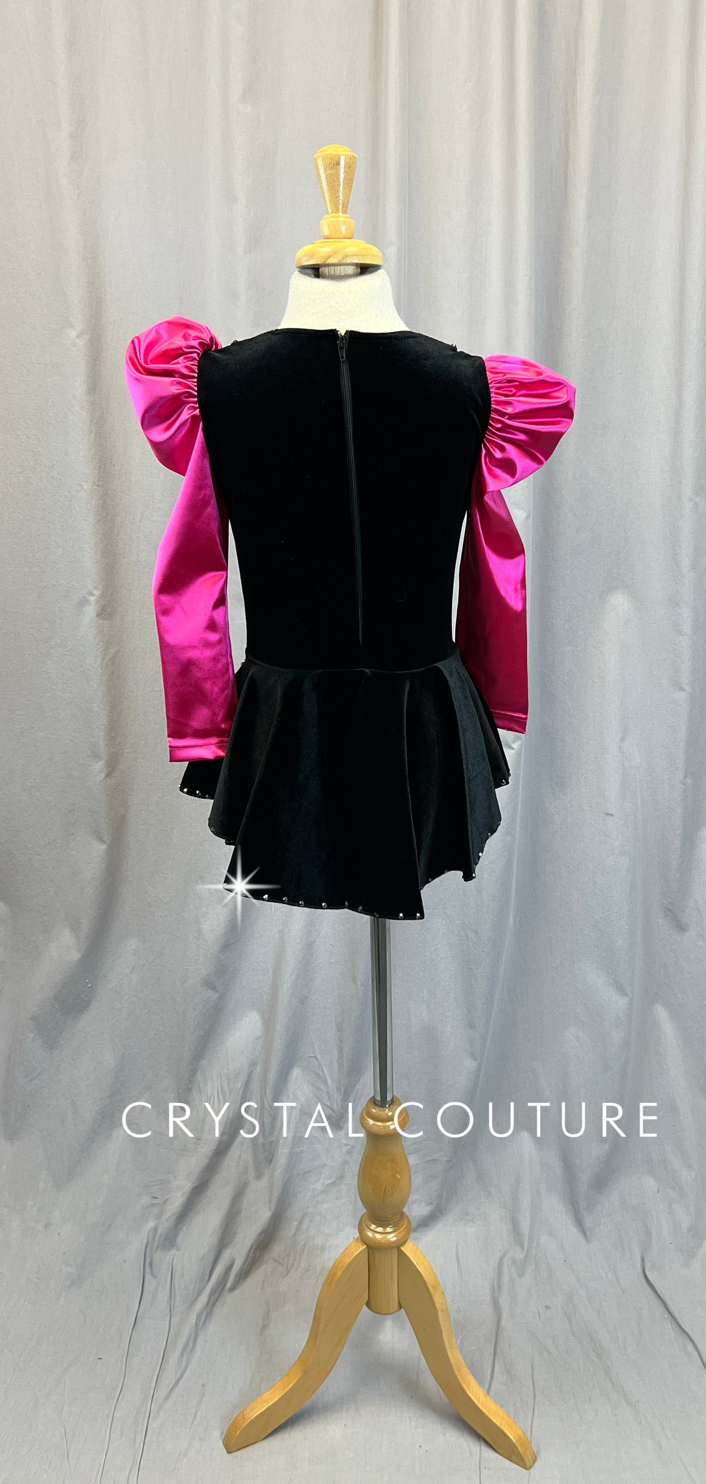 Hot Pink Puff Sleeve and Black Velvet Tuxedo Inspired Leotard with Attached Skirt -Rhinestones, Appliques