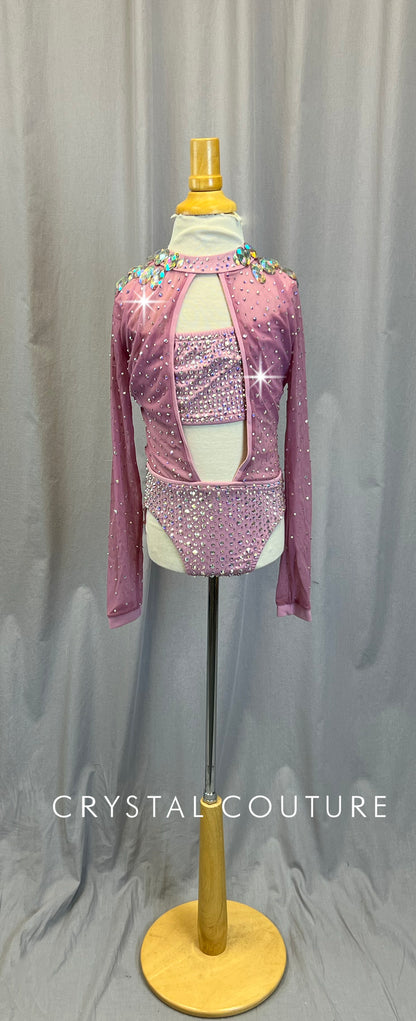 Mauve/Lilac Mesh Long Sleeve Leotard - Rhinestones