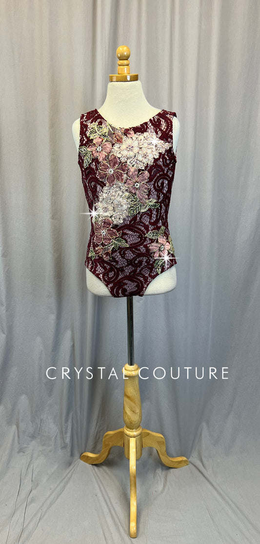 Mauve Leotard with Burgundy Lace and Floral Appliques - Rhinestones