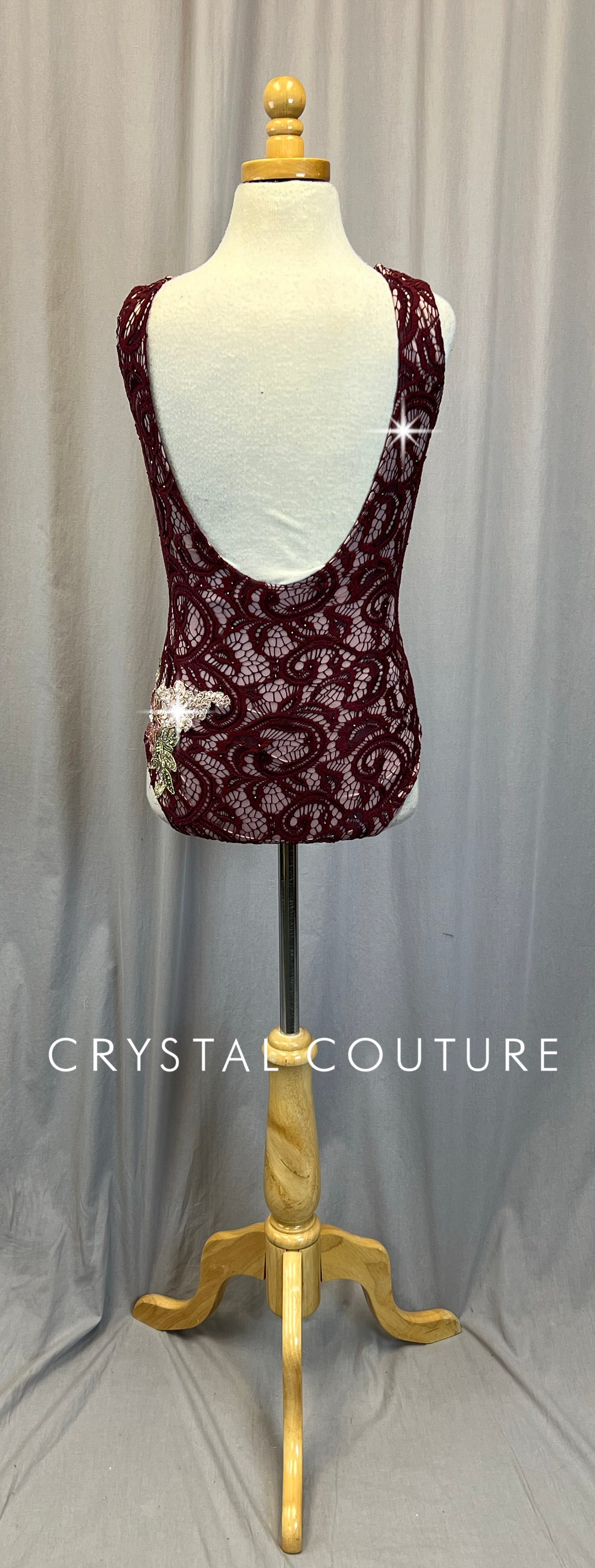 Mauve Leotard with Burgundy Lace and Floral Appliques - Rhinestones